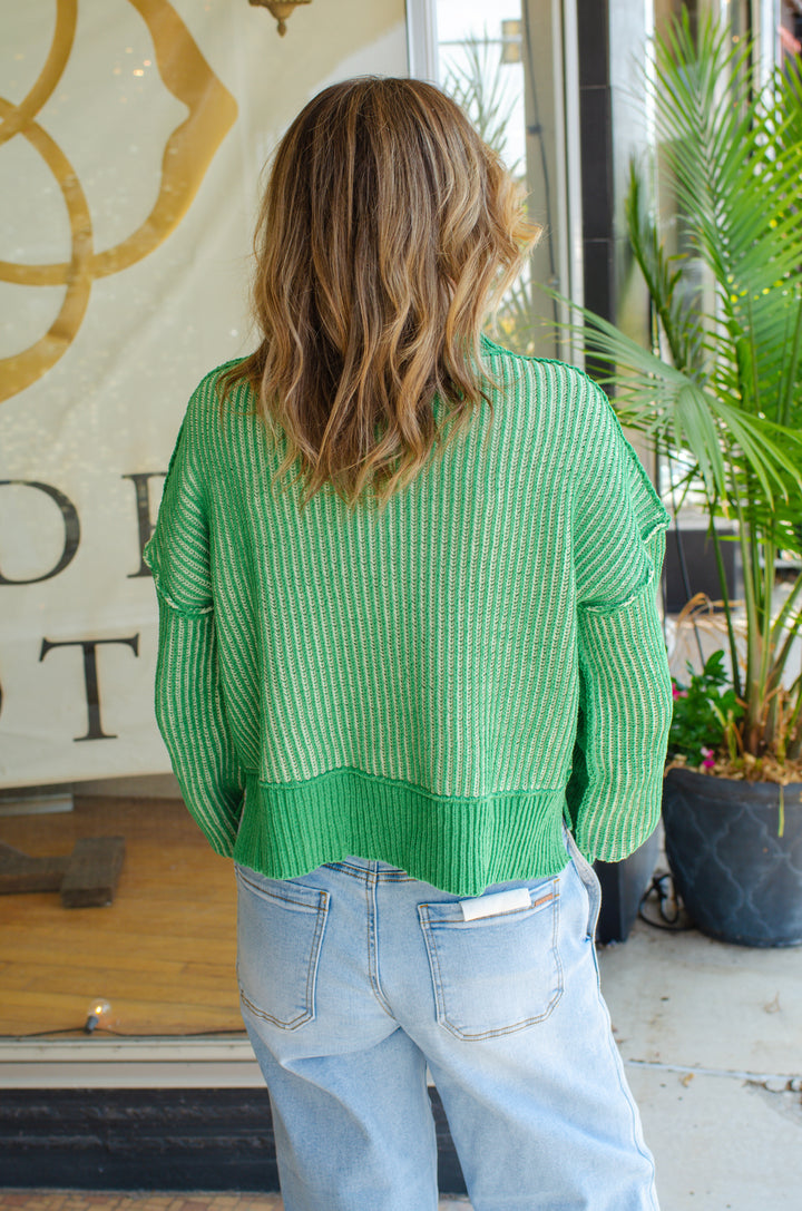 Beacon Of Fun Two Tone Ribbed Sweater Top in Green