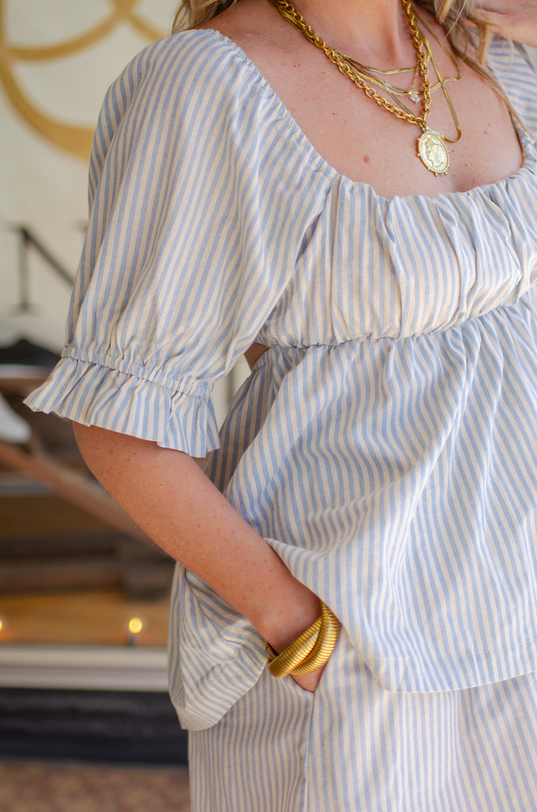 Sweet Moments Blue & Cream stripe pull on shorts