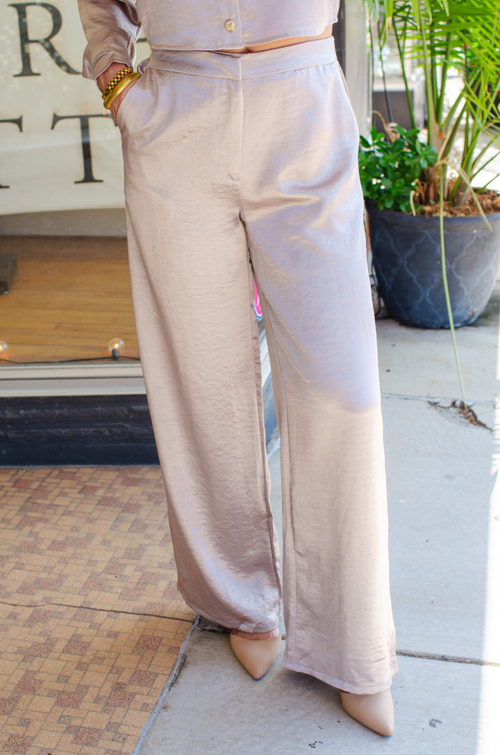 At First Glance Satin High Rise Wide Leg Pant in Champagne
