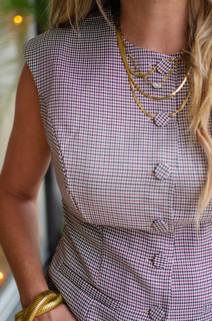 Fall Feels Plaid Sleeveless Button Down Vest Top in Wine Mix