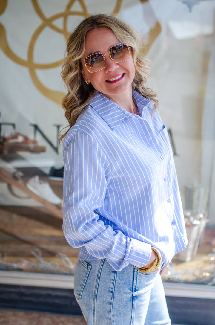 All Buttoned Up Blue & White Stripe Button Down Top