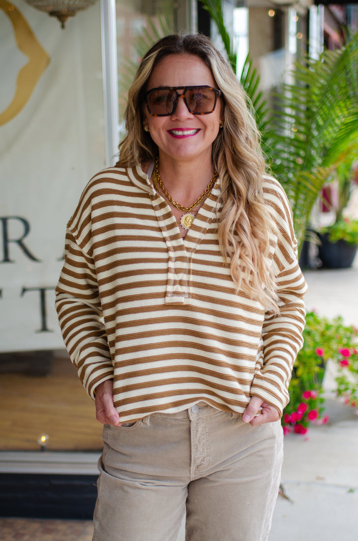 Take Your Time Textured Stripe Split Neckline Long Sleeve Top in Camel