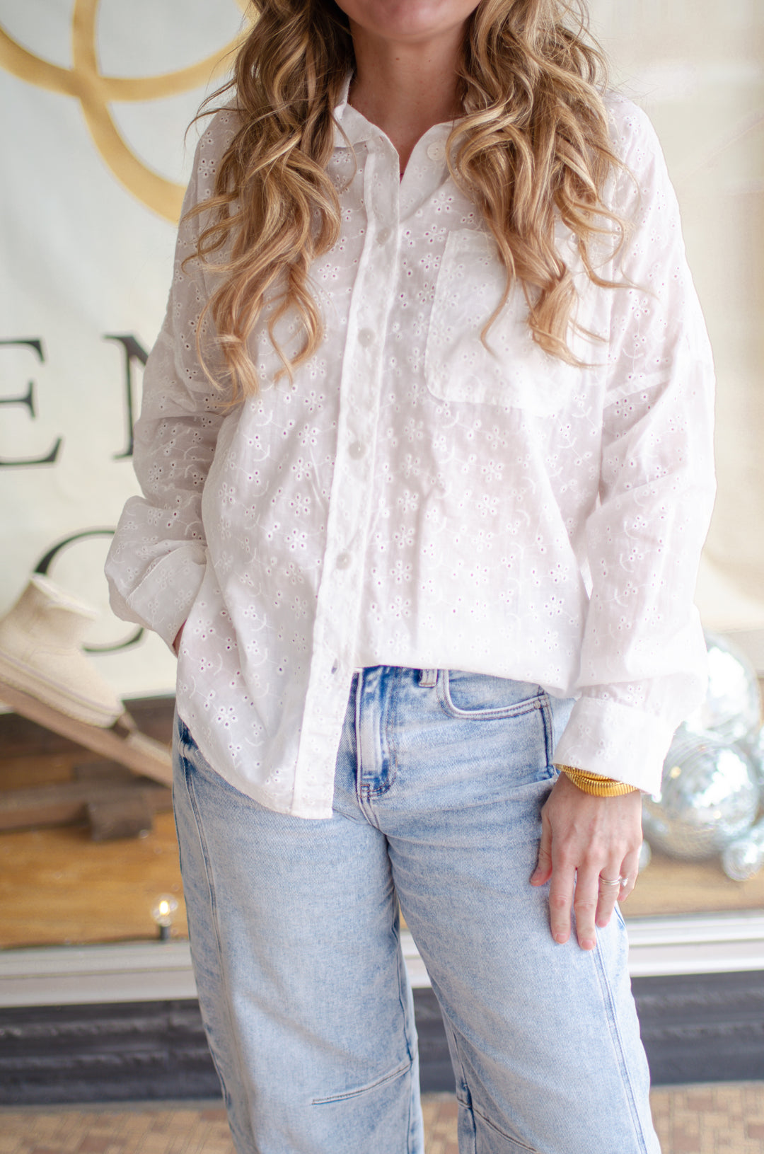 Summer Dreamer Eyelet Button Down Long Sleeve Top in White