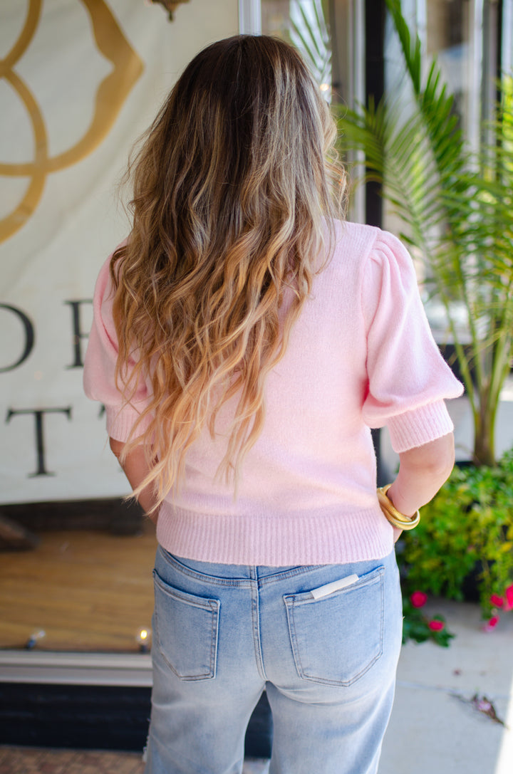 Powder Pink Short Sleeve Ribbed Sweater with Puff Sleeves