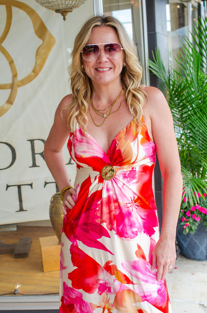 Tropical Escape Pink Floral Gold Emblem Twist Front Dress
