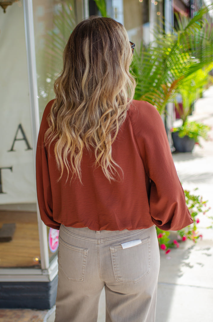 Take Your Time High Necklace Bubble Hem Long Sleeve in Cinnamon