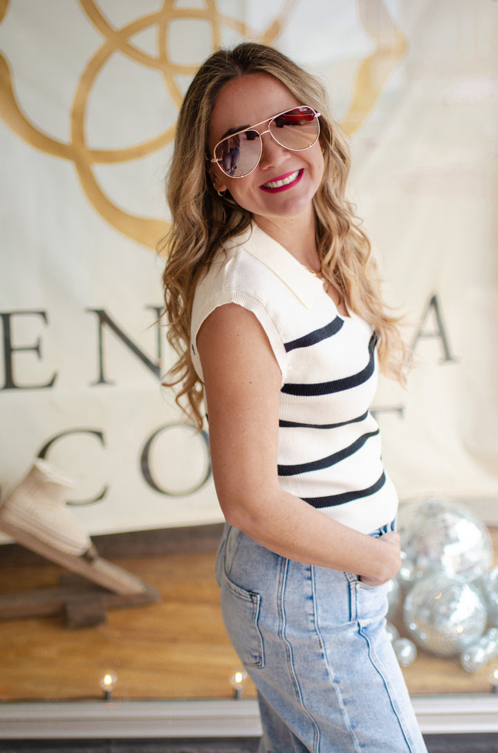 Class Act Stripe Collared Knit Sleeveless Top in Cream & Black