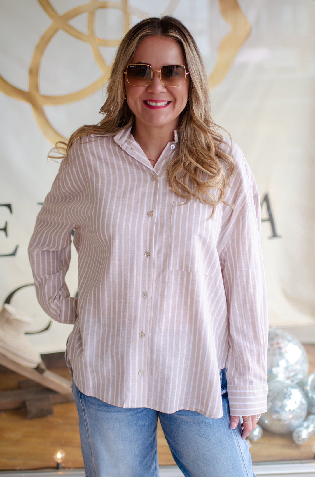 Perfect Preppy Button Down Collared Top in Beige