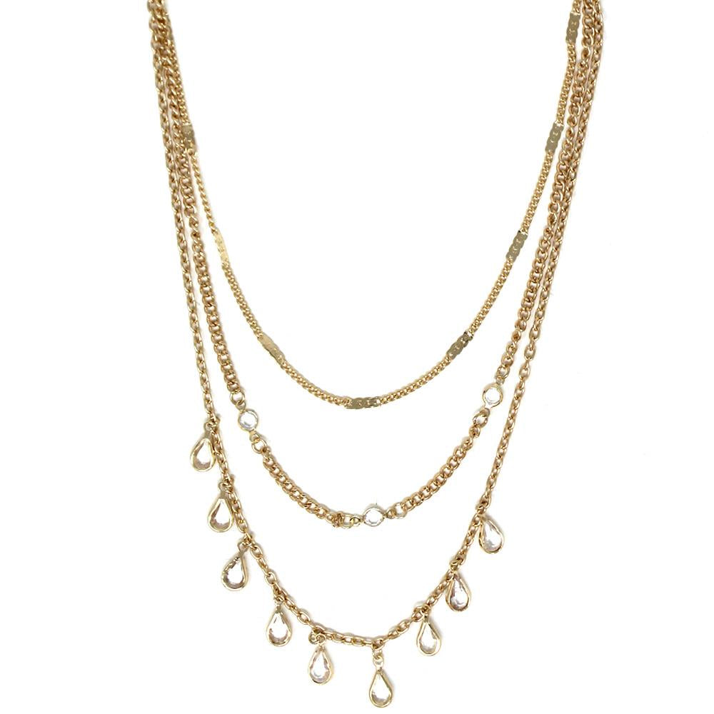 Gold Triple Stand Necklace with Crystal Detail