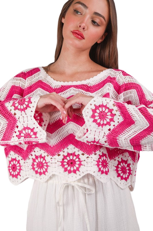 Pink Boho Crochet Knit Long Sleeve Top in Hot Pink