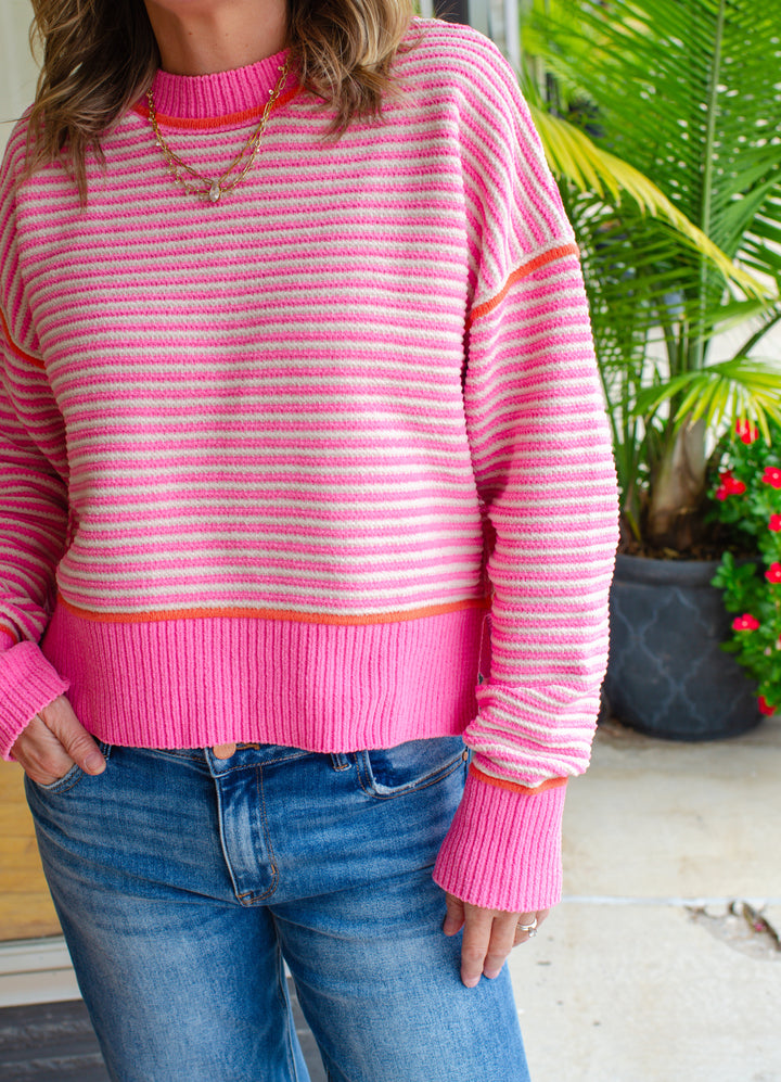 Get Cozy Soft Ribbed Knit Round Neck Color Block Sweater in Pink
