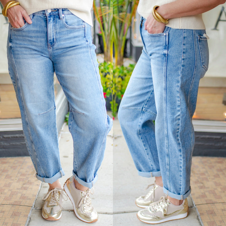 Risen High Rise Boyfriend Cuffed Barrel Jeans in Medium Wash