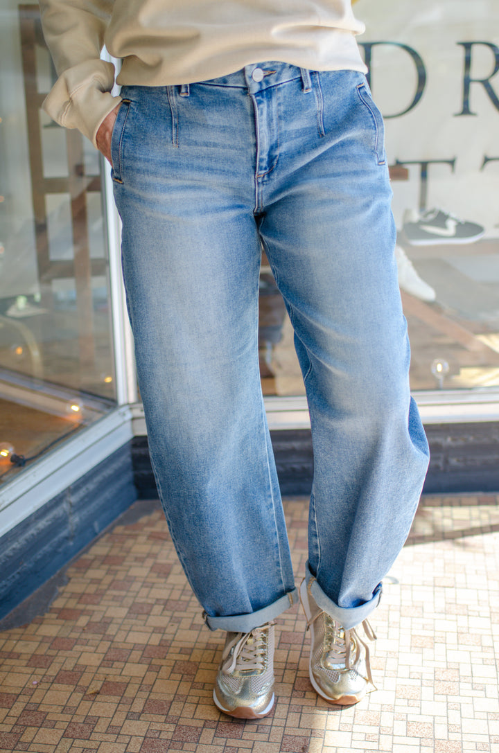 Risen Slouchy Barrel Rolled Up Jeans in Medium Wash