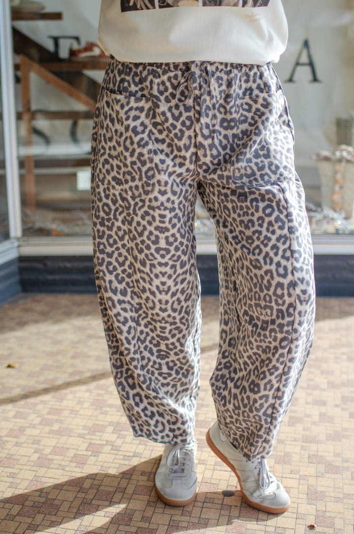 Wild Ways Leopard Drawstring Stretch Waist Barrel Pants in Ercu