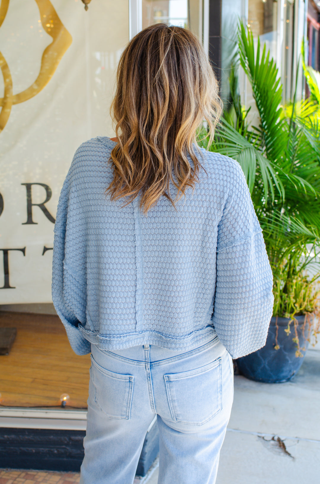Cozy Moment Textured Round Neck Long Sleeve Top in Blue