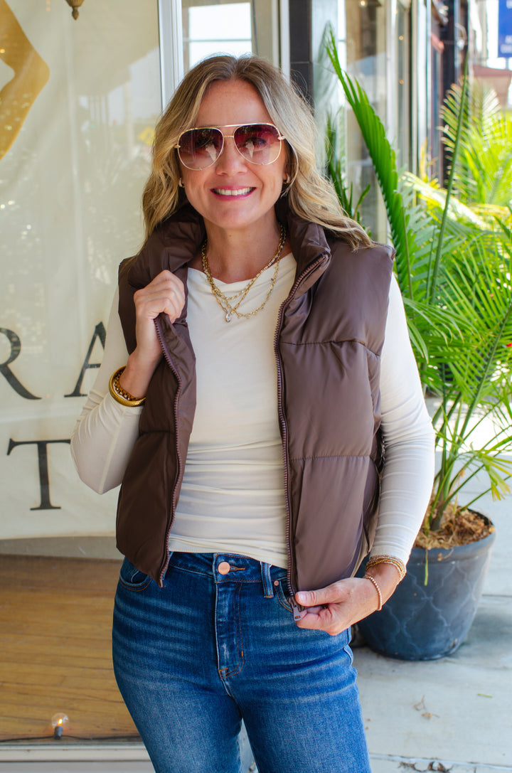Winter Wishes Puffer Vest in Brown