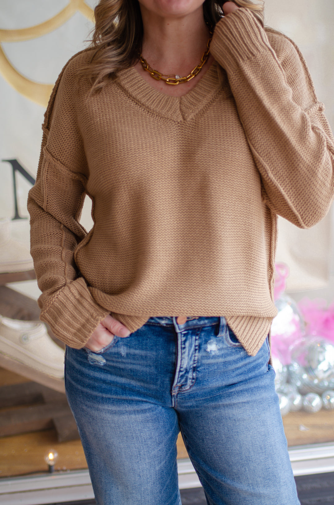 A Moment In Time V-neck knit Sweater in Mocha