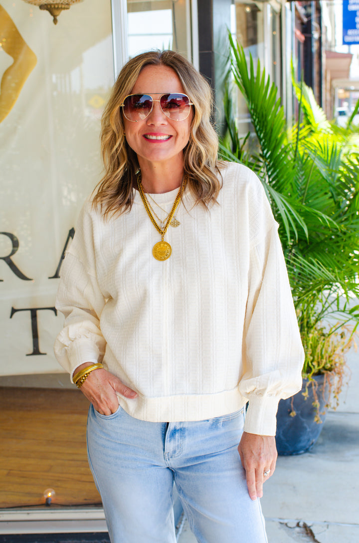 Breathless Modern Textured Boxy Long Sleeve Top in Cream