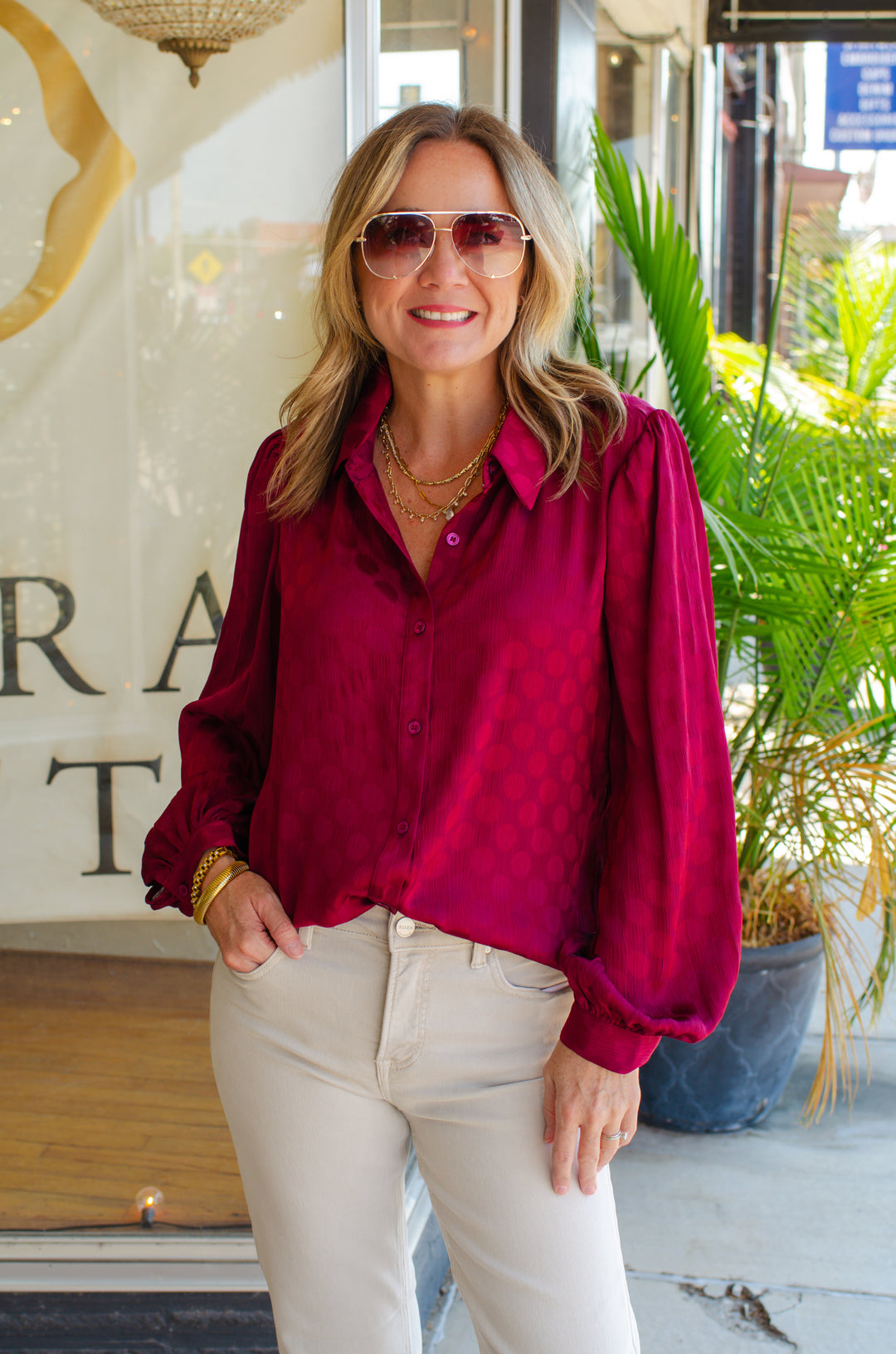 Always Classic Textured Polka Dot Collar Button Down Top in Wine