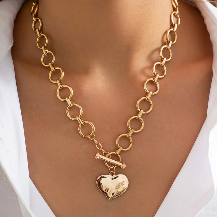 Gold Hammered Heart Charm Toggle Necklace