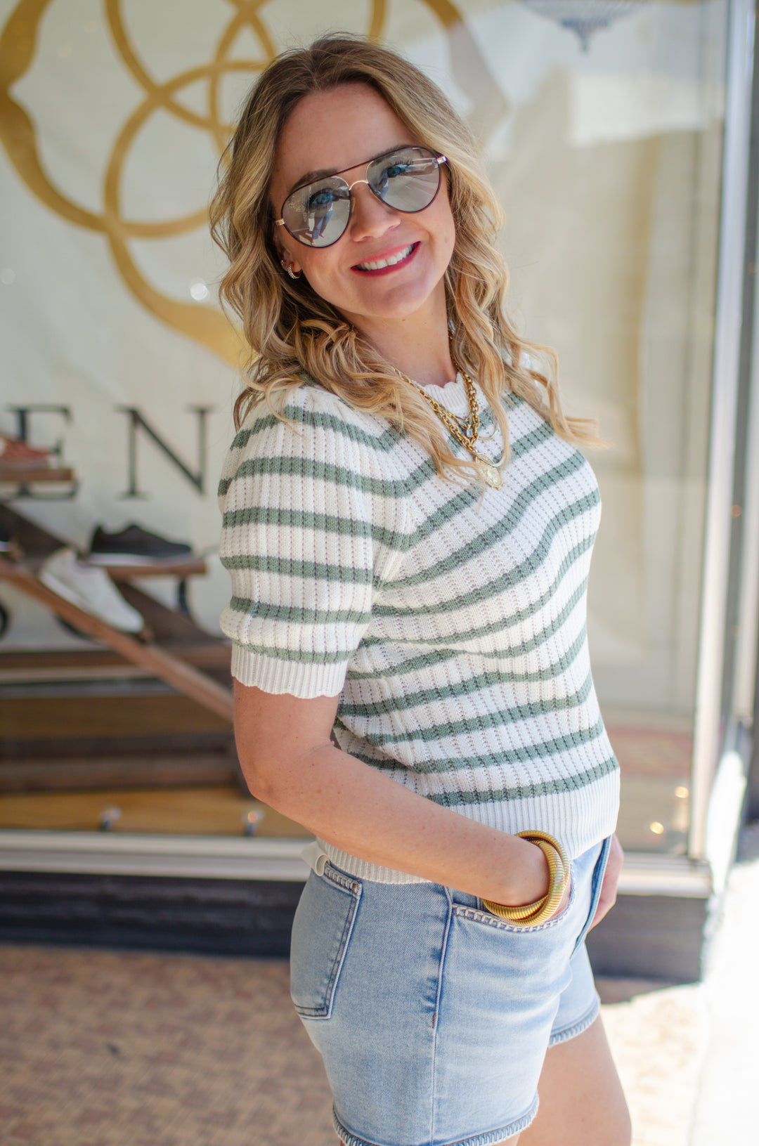 Spring Moment Green & Cream Stripe Knit Top