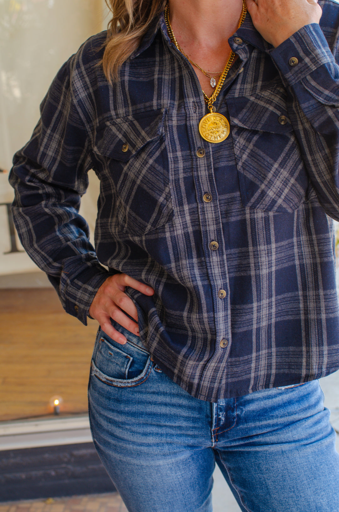 Bonfire Plaid Button Down Flannel in Navy/Grey Mix