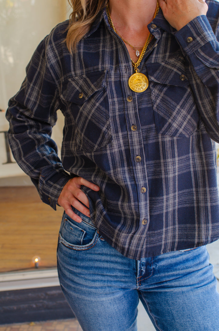 Bonfire Plaid Button Down Flannel in Navy/Grey Mix