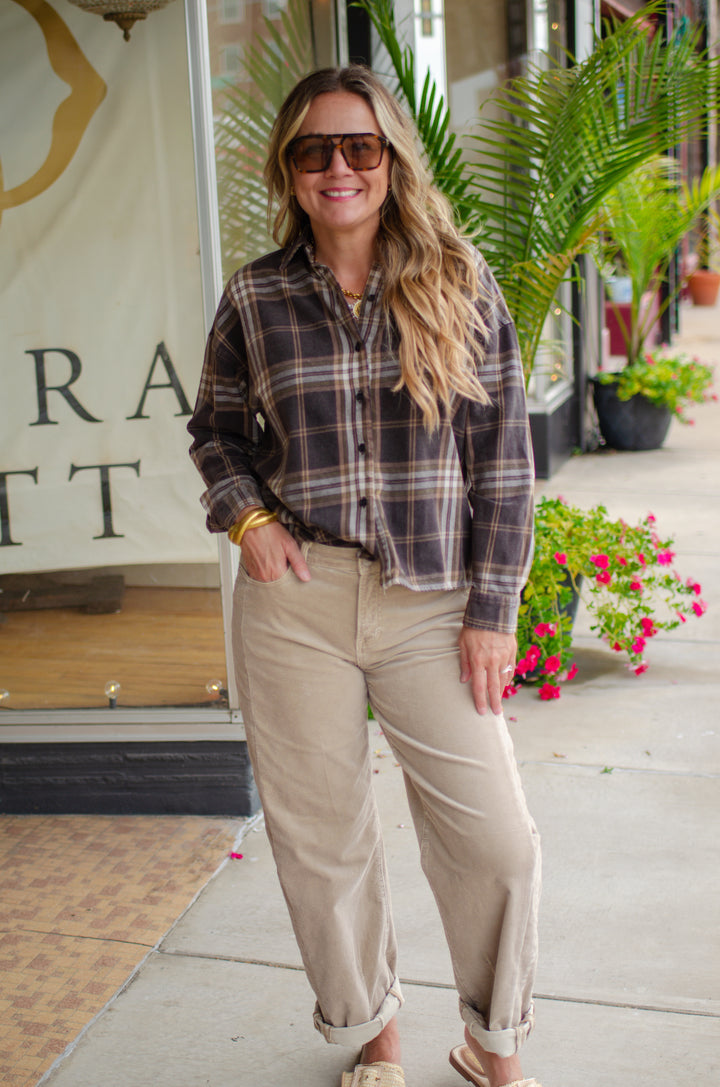 Good Times Plaid Button Down Collared Boxy Long Sleeve Shirt in Brown Mix