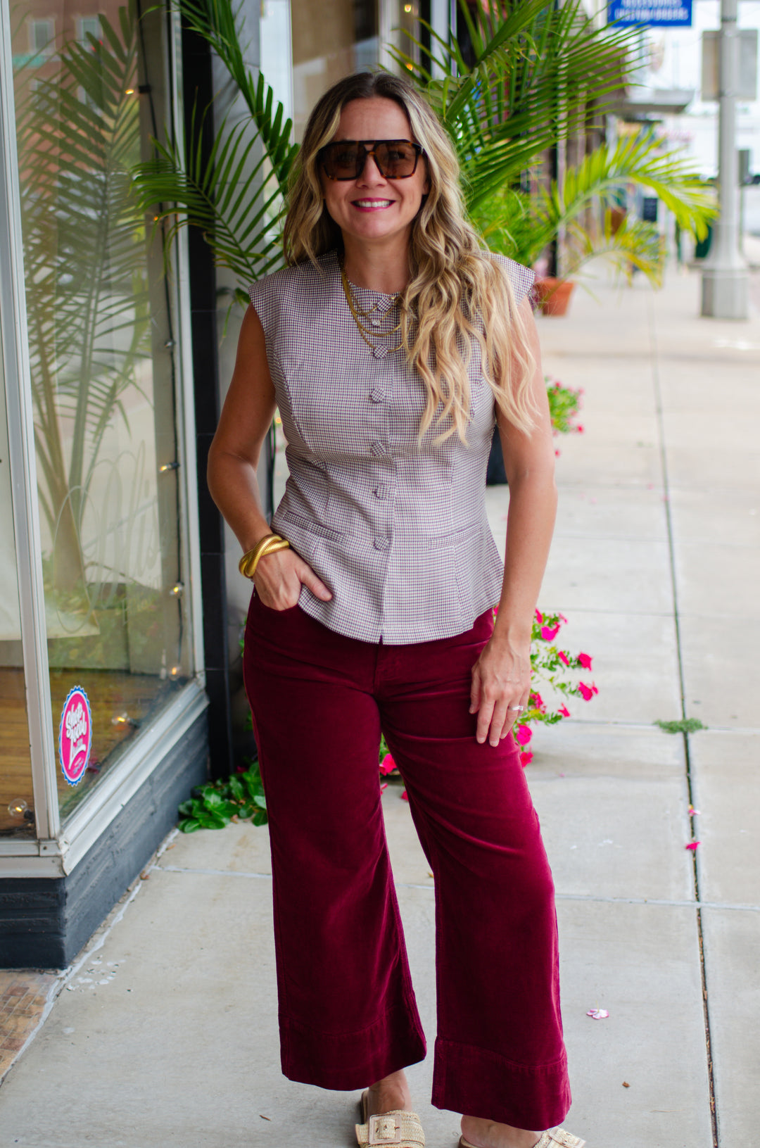 Fall Feels Plaid Sleeveless Button Down Vest Top in Wine Mix