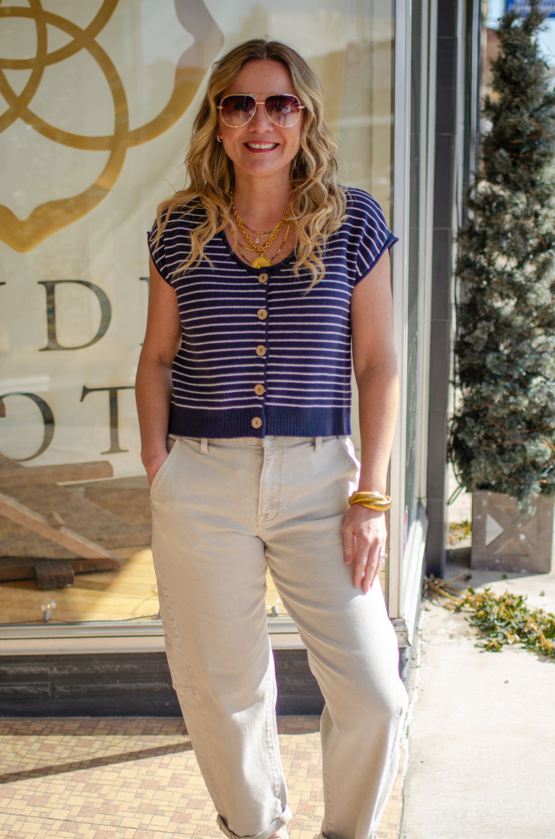 Coastal Moment Knit Stripe Button Down Top in Navy