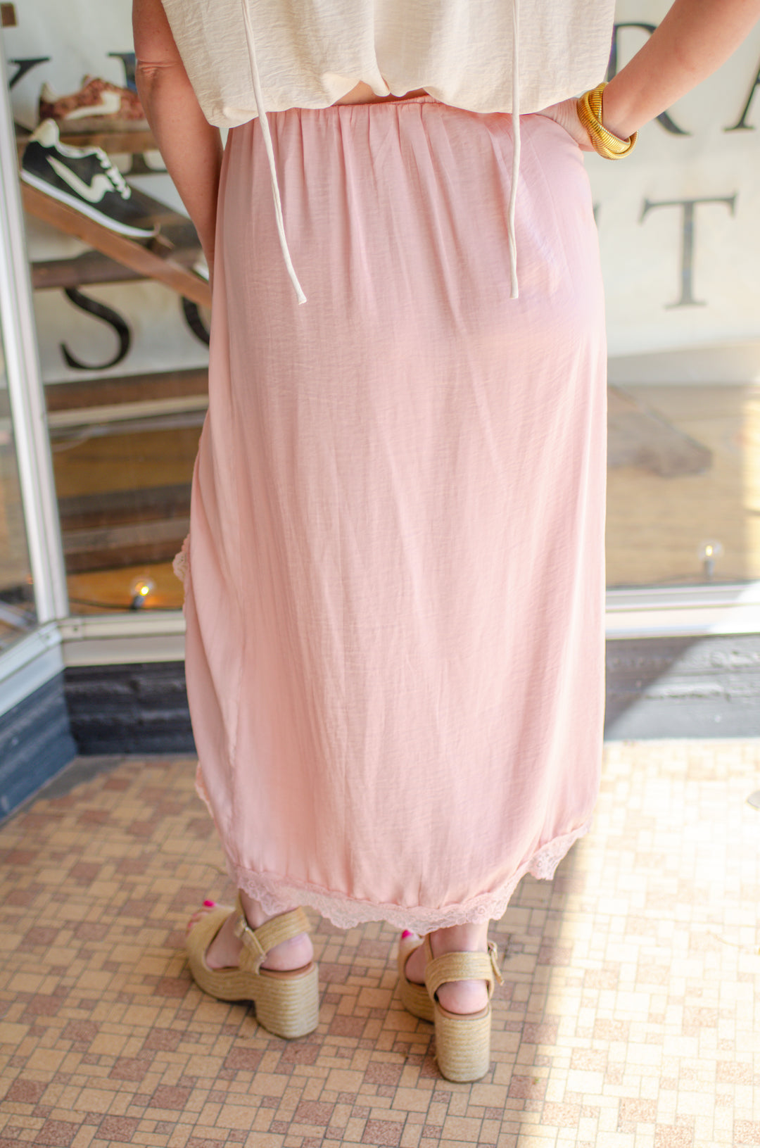 Sweet Embrace Satin Lace Hem Slip Skirt in Pink