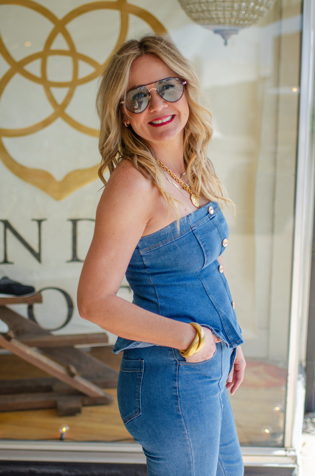 Denim Dreamer Strapless Top with Gold Buttons in Medium Wash