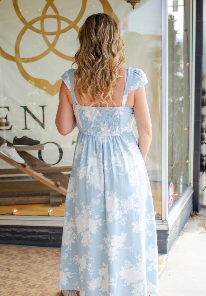 Floral Dreamer Midi Length Ruffle Shoulder Dress in Light Blue