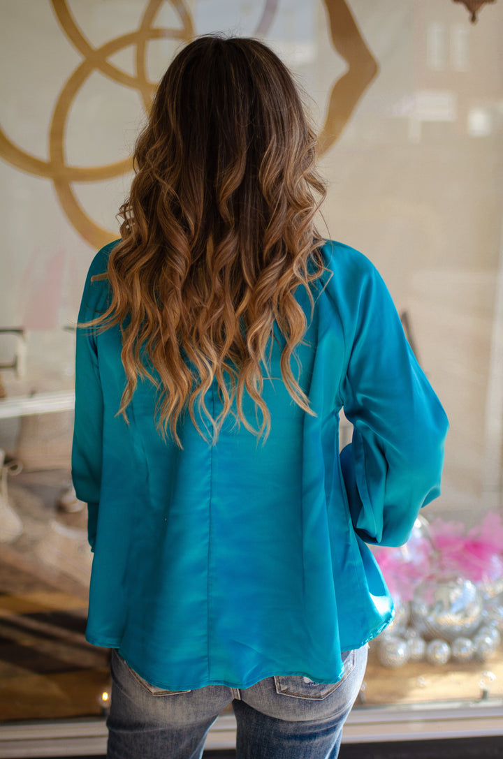 Date Night Ruffled High Neck Silky Blouse in Teal