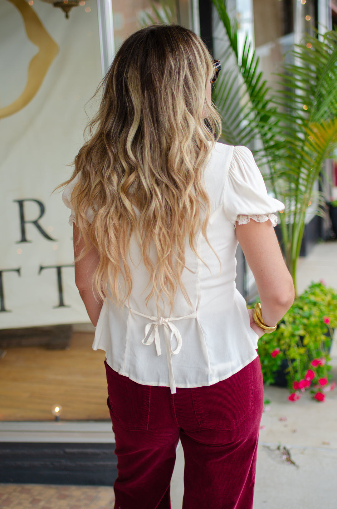 Romantic Nights Lace Trim Button Down Puff Sleeve Blouse in Cream