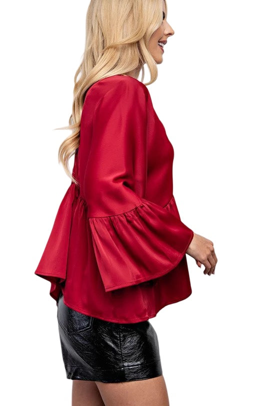 Heartbreaker Bell Sleeve Satin Top in Burgundy