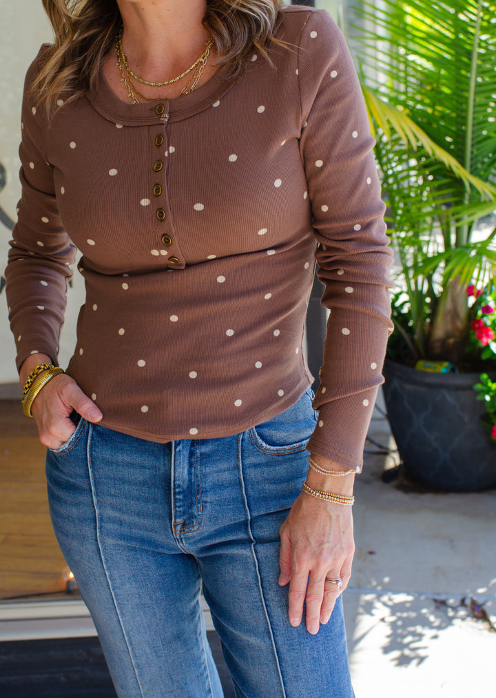 Count On Me Polka Dot Button Down Long Sleeve Fitted Top in Chocolate Brown