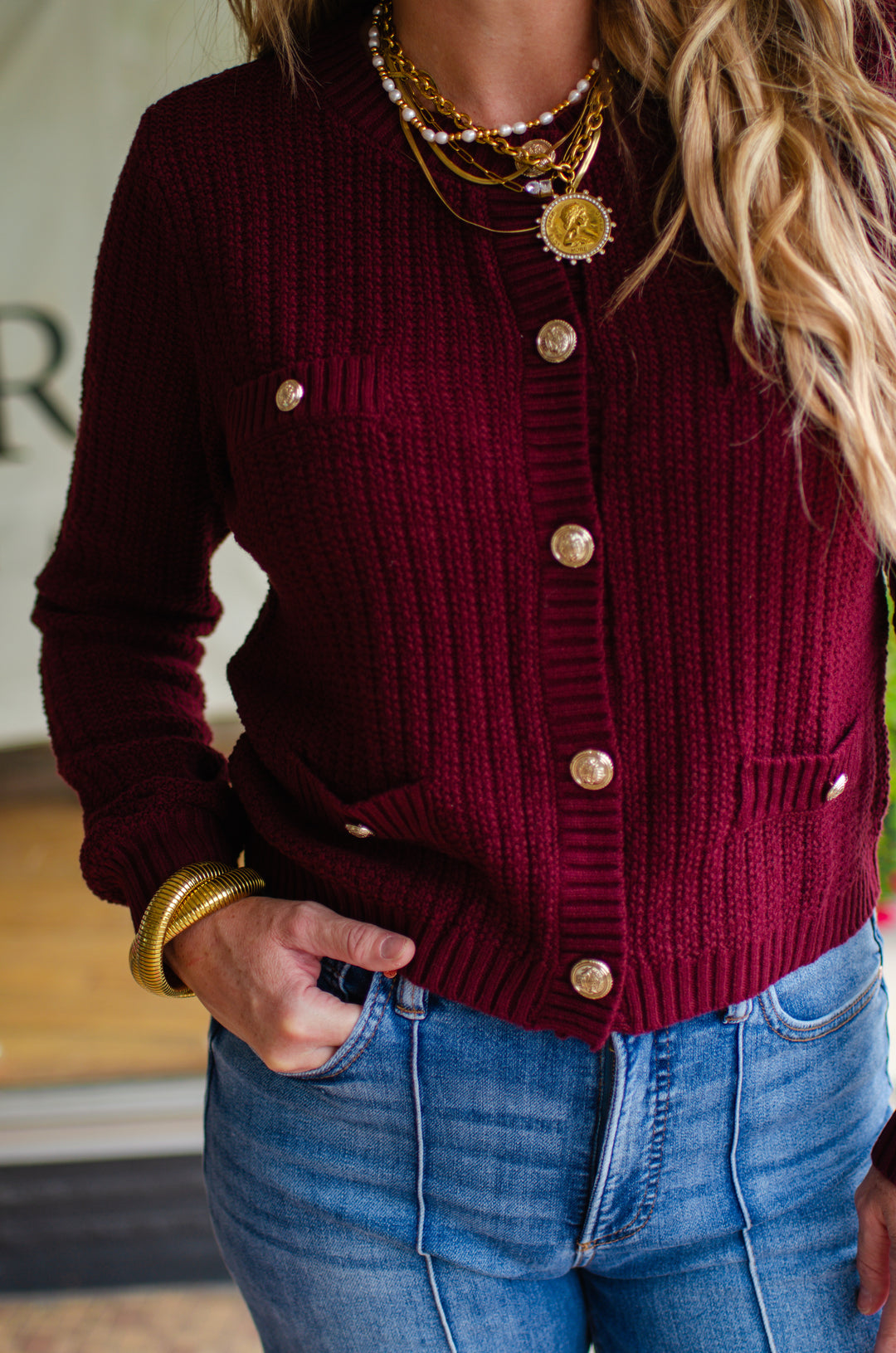 Stylish Moments Gold Button Detailed Sweater Top in Burgundy