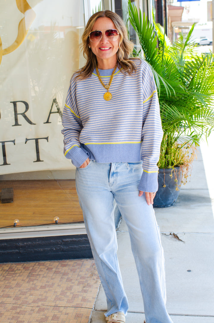 Get Cozy Soft Ribbed Knit Round Neck Color Block Sweater in Light Blue
