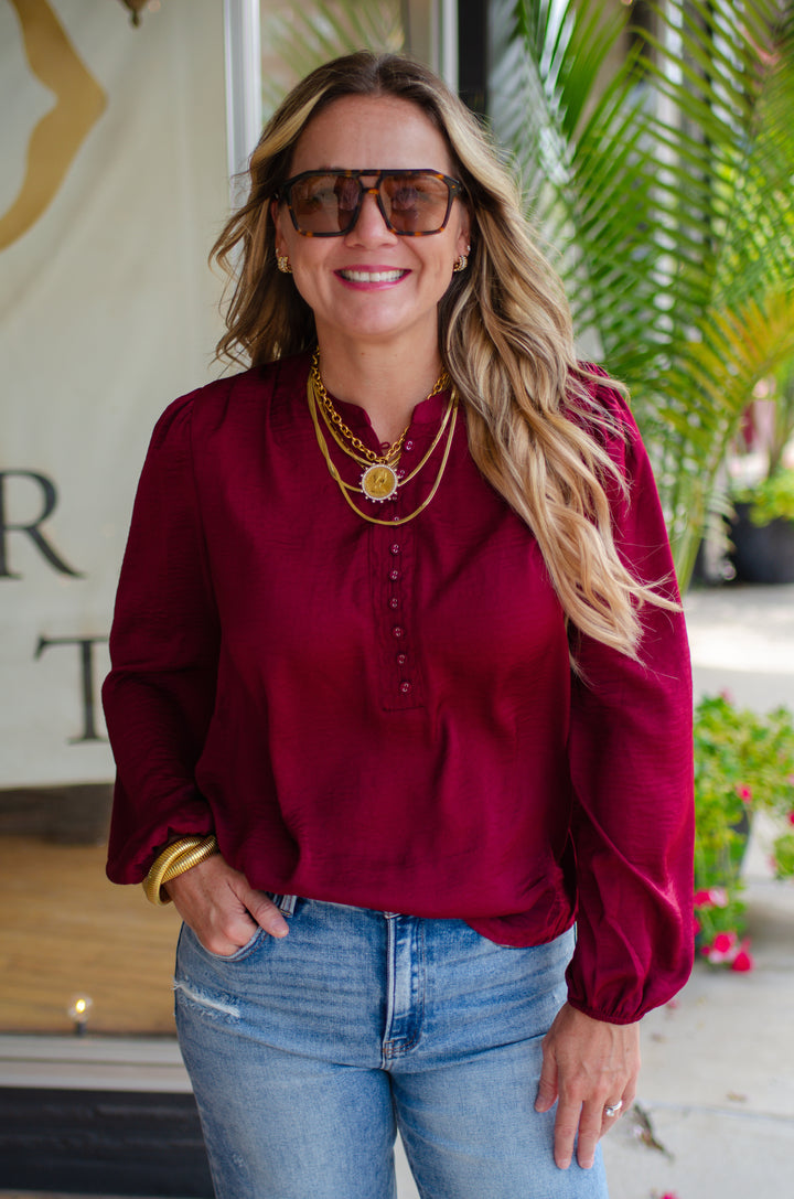 Weekend Romance Silky Button Down Blouse in Burgundy