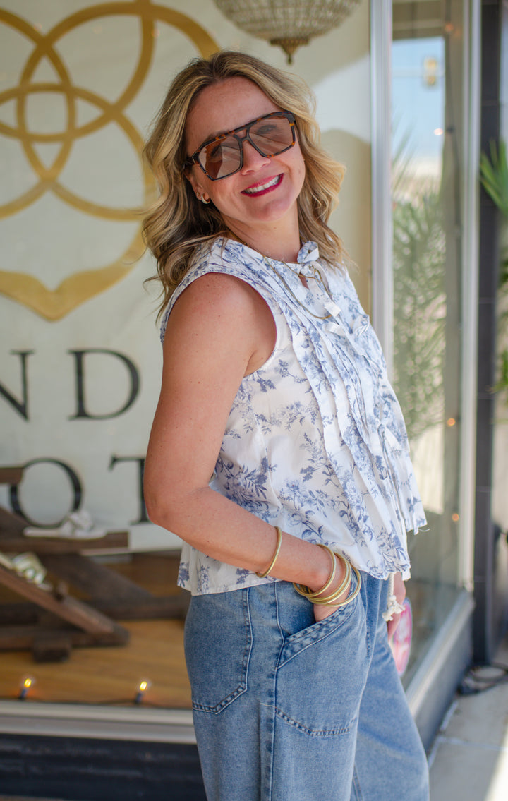 Sunday Brunch Toile Bow Front sleeveless Top in Blue