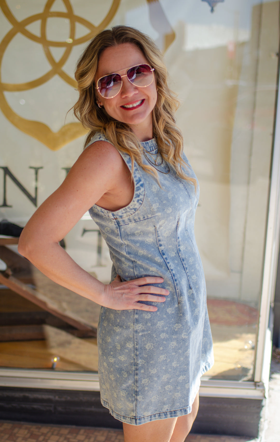 Denim Bleached Floral Print Ruched Waistline Dress