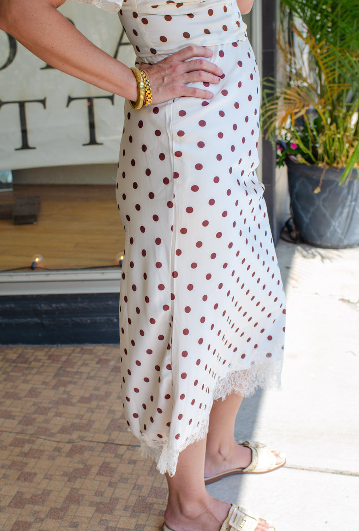 Take Me Away Cream & Chocolate Polka Dot Midi Skirt with Lace Hem