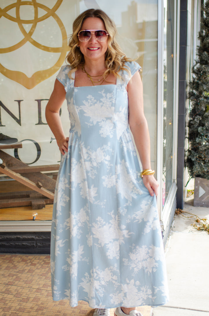 Floral Dreamer Midi Length Ruffle Shoulder Dress in Light Blue