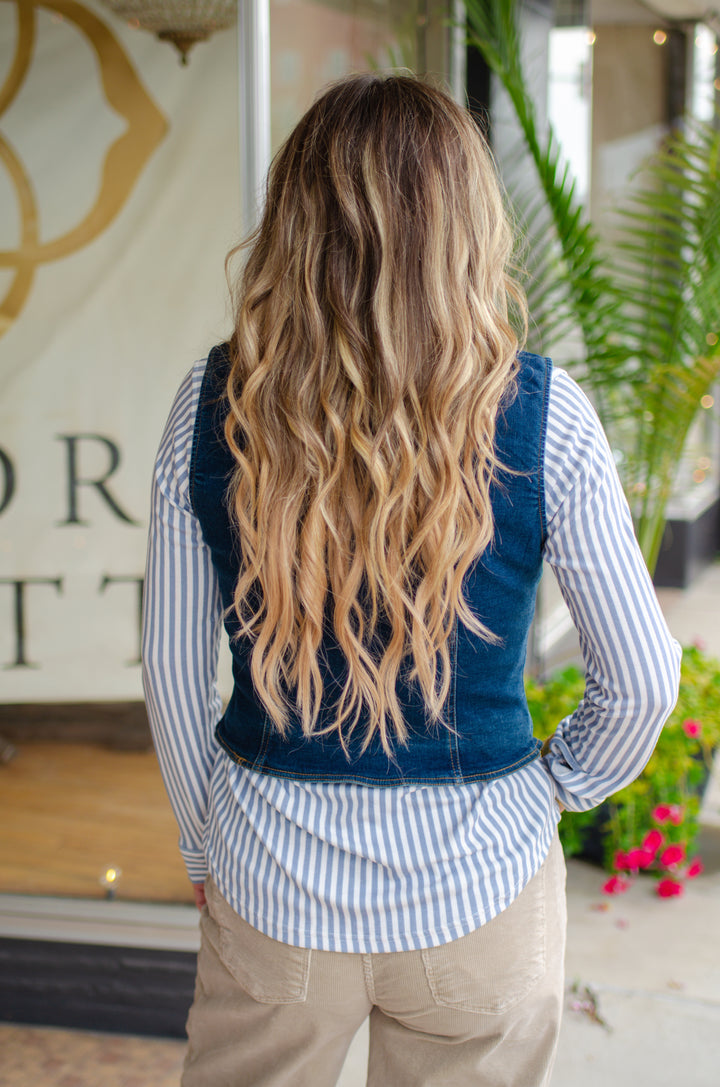 Night Out Denim V-Neck Button Down Vest in Dark Denim