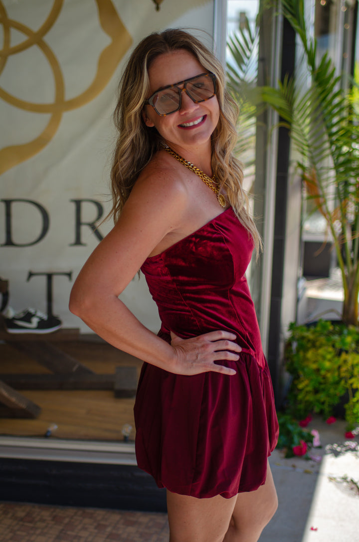 Take Me Out Velvet Strapless Bubble Hem Dress in Wine