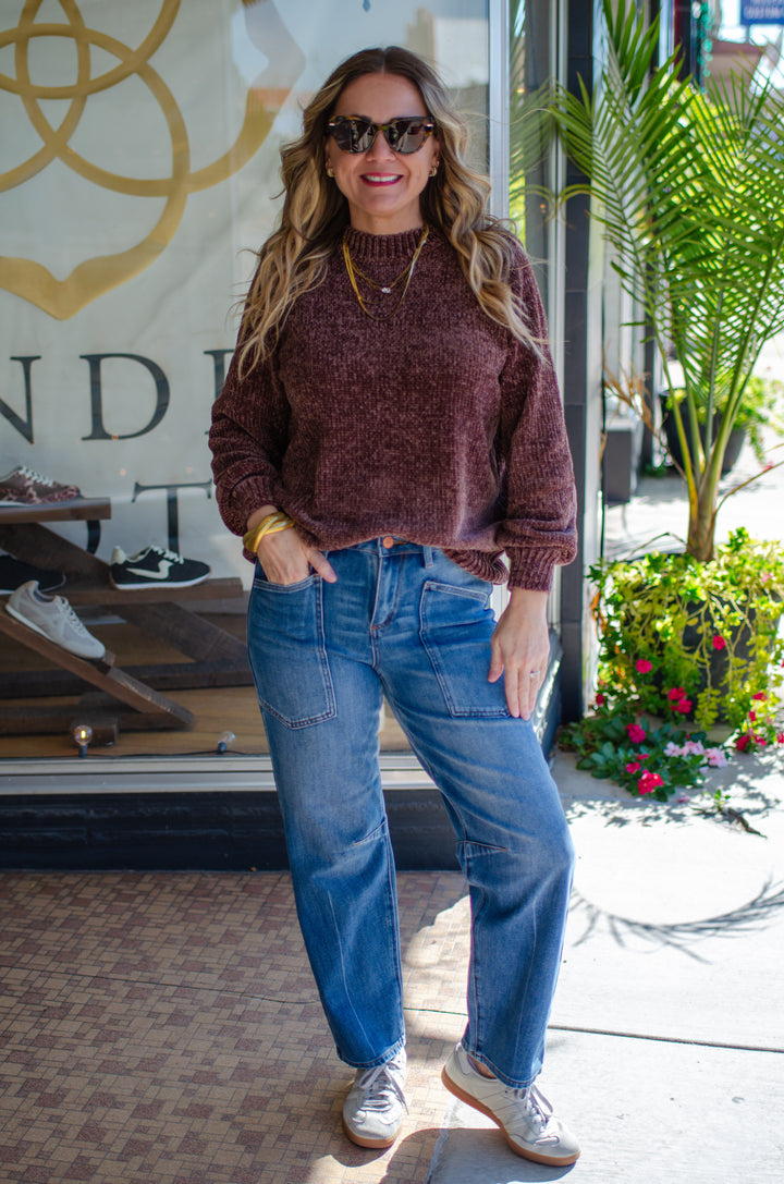 Risen 4 Way Stretch Mid Rise Barrel Leg Jeans in Dark Wash