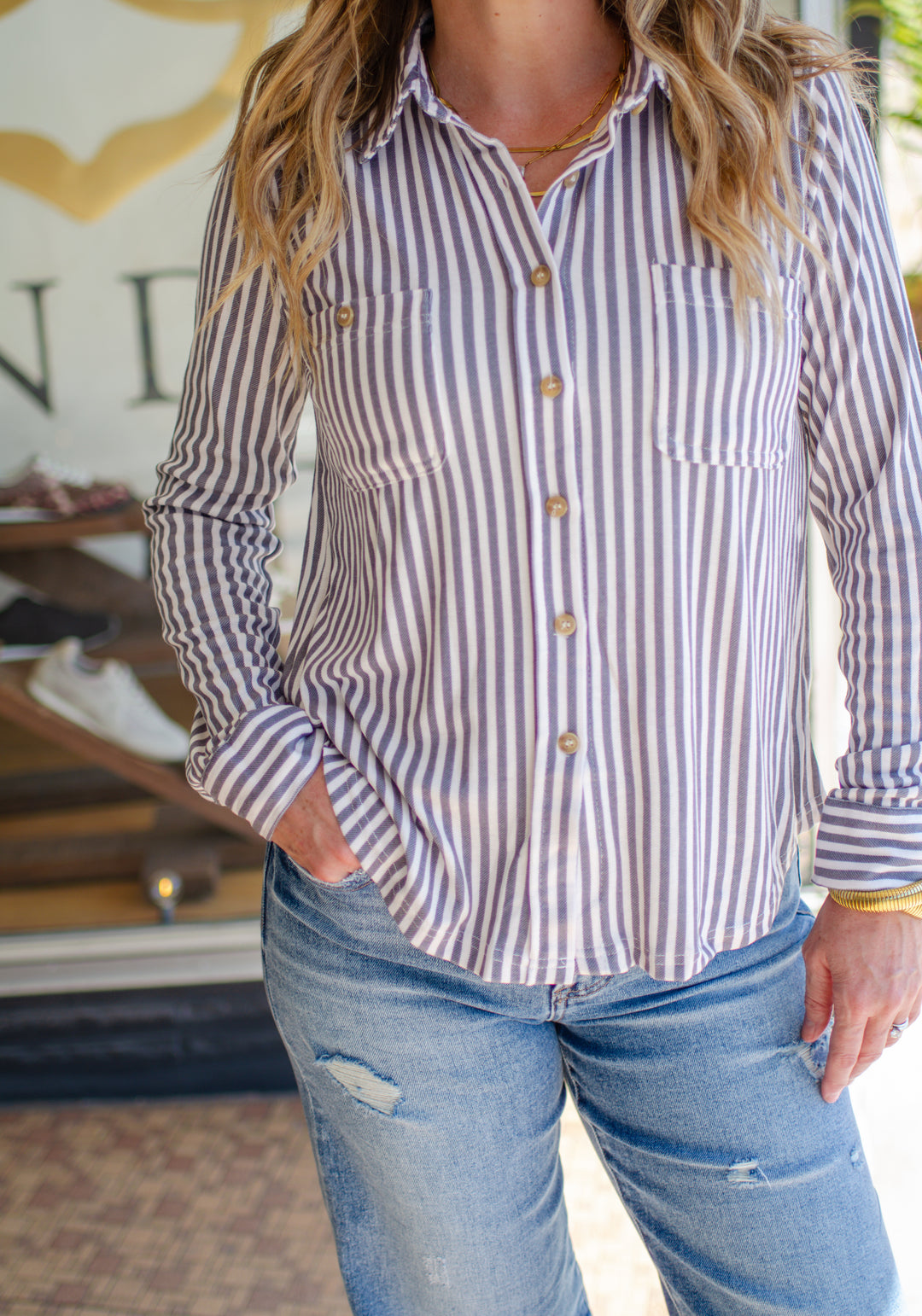 Classic Style Soft Stretch Knit Button Down Collard Top in Charcoal Stripe