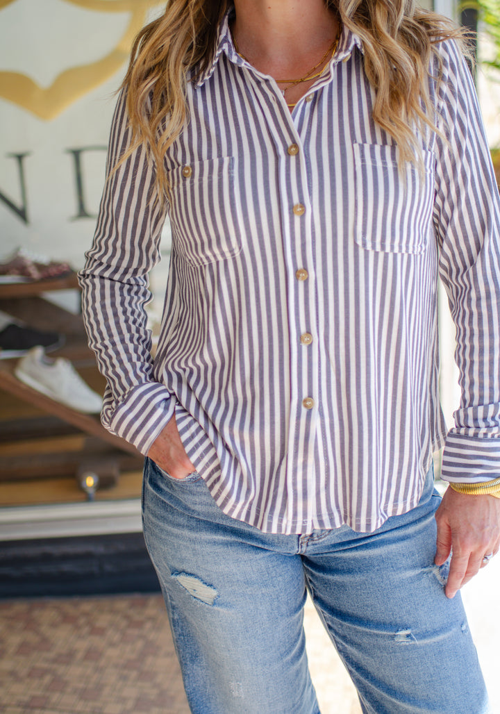 Classic Style Soft Stretch Knit Button Down Collard Top in Charcoal Stripe