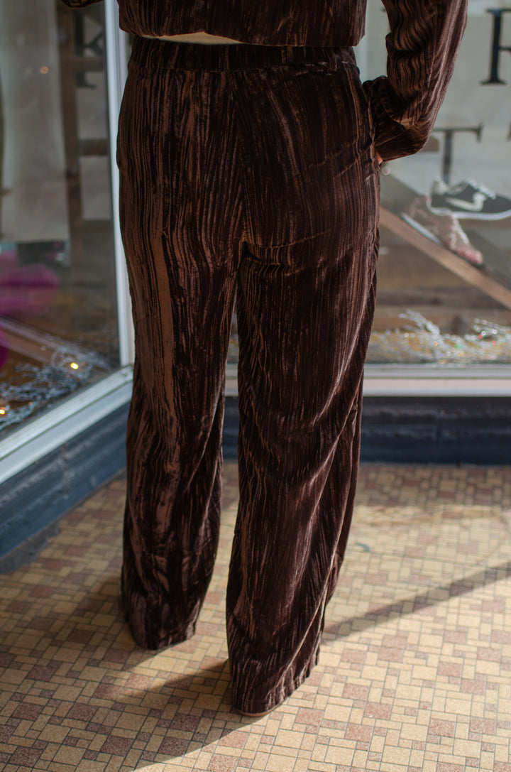 Pure Luxury Chocolate Brown Crushed Velvet Mid Rise Pant